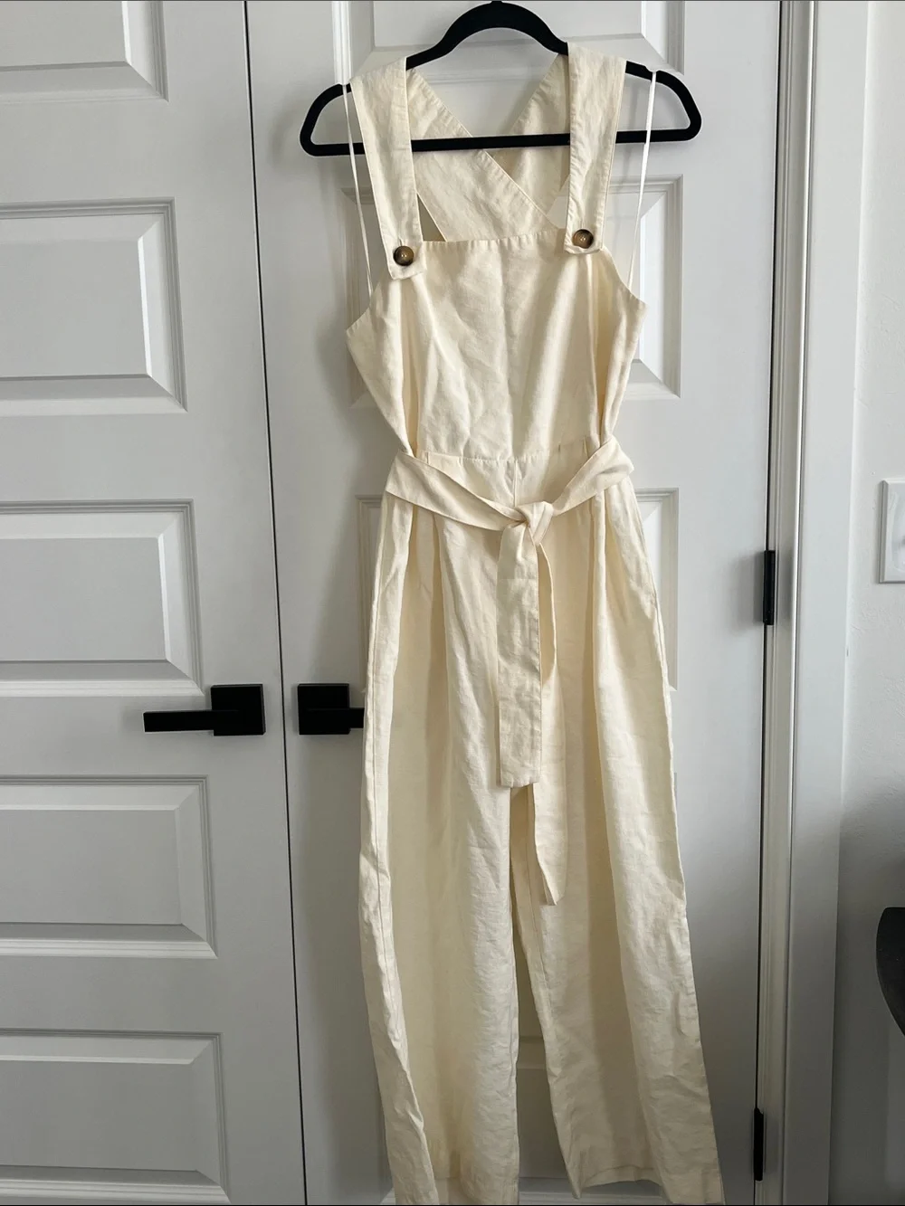Zara Cream Sleeveless Linen-Blend Jumpsuit with Tie Waist